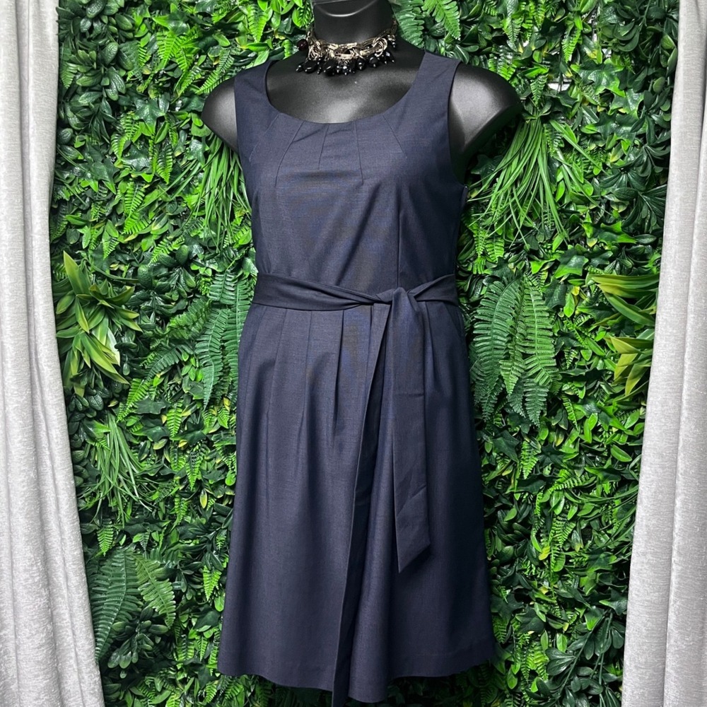 H&M Dress 14 Navy‎ Blue Sleeveless Tie Waist Pleated Midi Office Career 3230